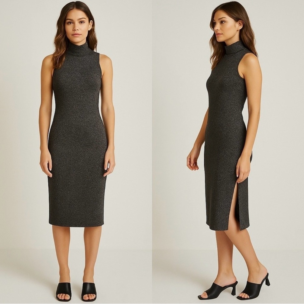 House of Harlow Black Silver Knit Turtleneck Dress size Large